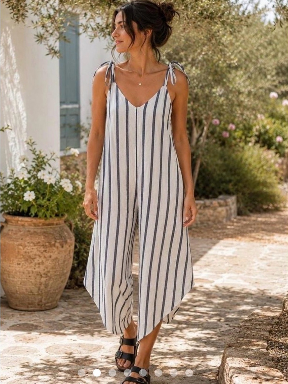 Vince Camuto Tie Shoulder striped Linen Blend  Jumpsuit sleeveless jumper L